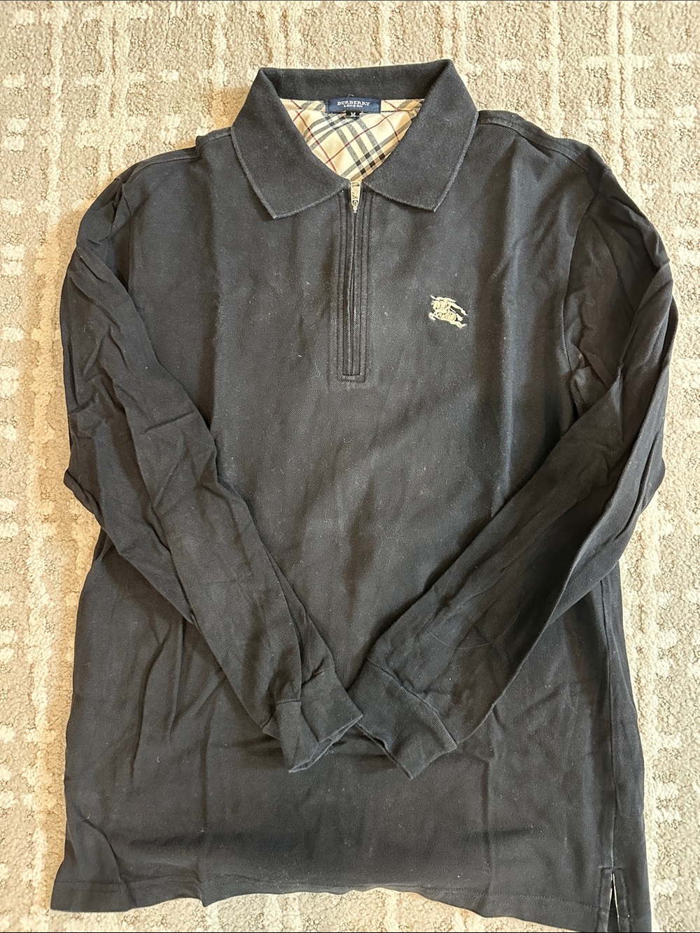 Burberry Black Long-Sleeve Zip Polo with Check Collar Detail